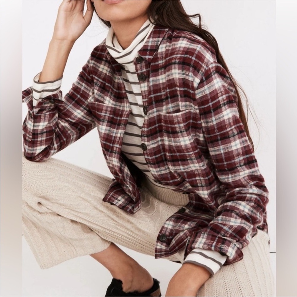 Madewell Burgundy White Plaid Button-Up Shacket
